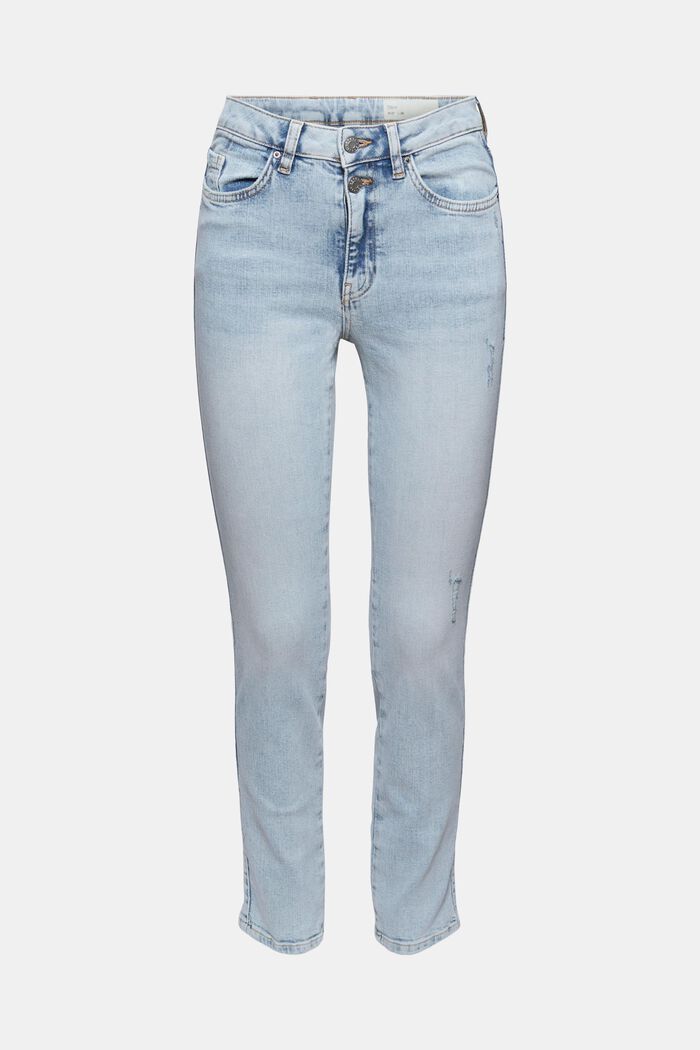 Jeans met hoge taille en details in used look, BLUE LIGHT WASHED, overview