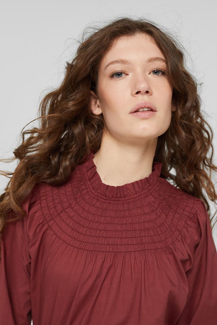 Gesmokte blouse van 100% organic cotton, GARNET RED, detail image number 5