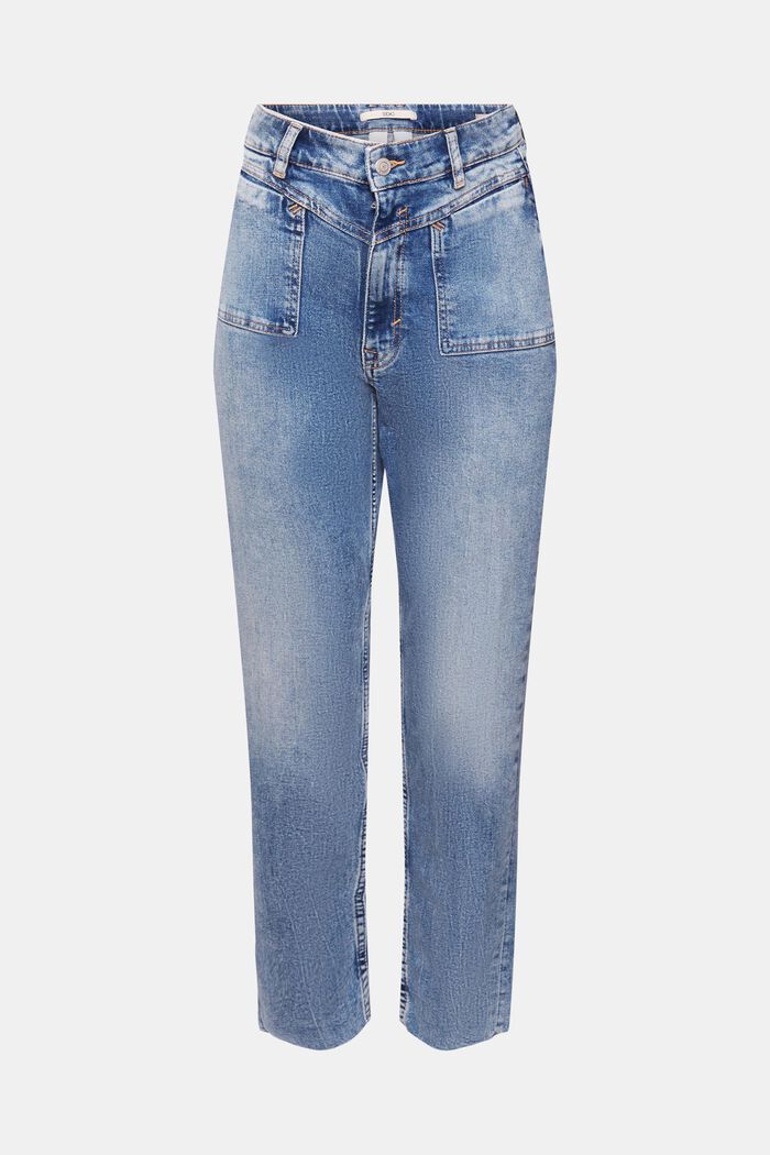 Jeans met hoge taille en kortere pijpen, BLUE DARK WASHED, overview