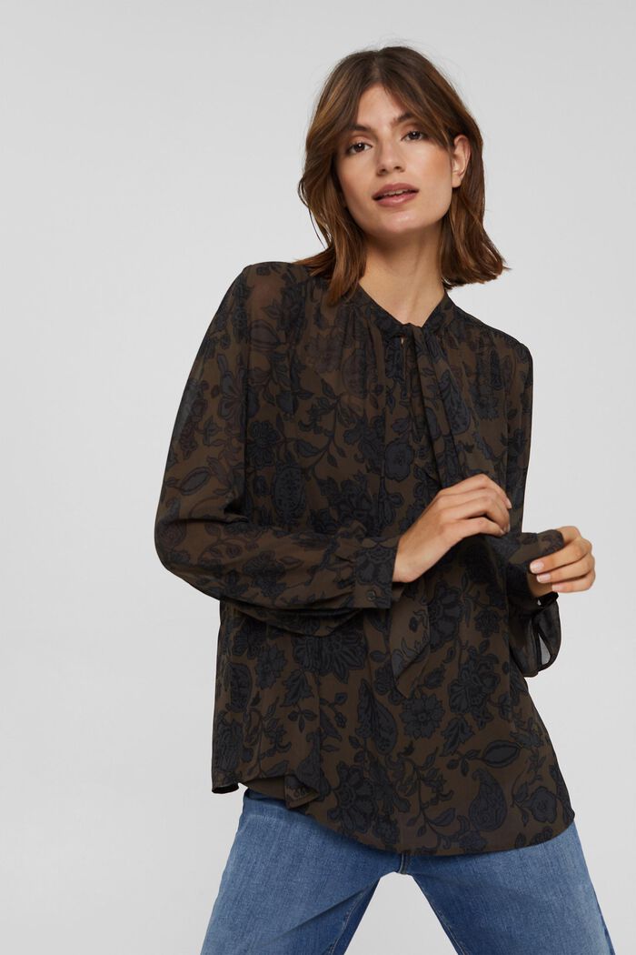 Gerecycled: chiffon blouse met strikbandjes, DARK BROWN, detail image number 0