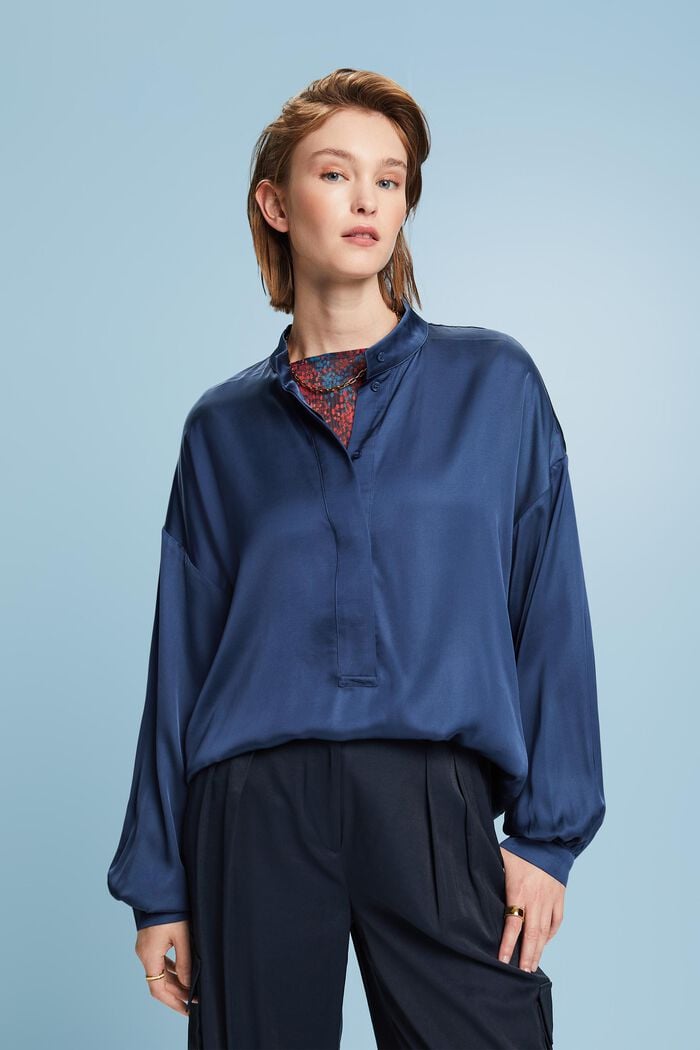 Satijnen blouse met knopen op de voorkant, GREY BLUE, detail image number 2
