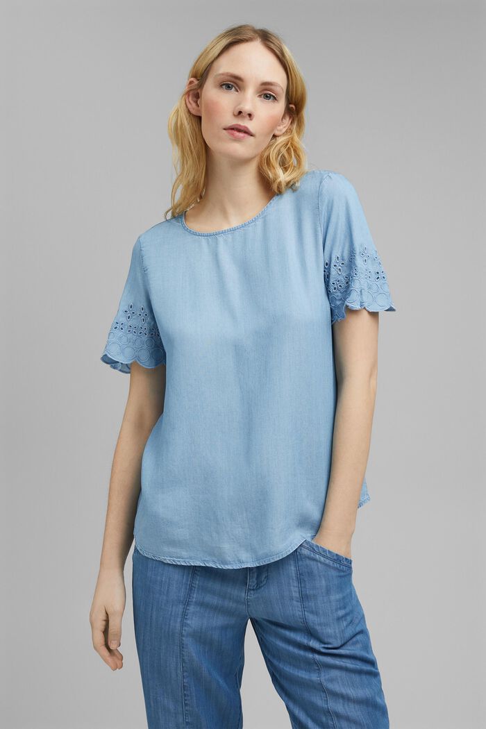 Van TENCEL™: denim blouse met borduursel, BLUE LIGHT WASHED, detail image number 0