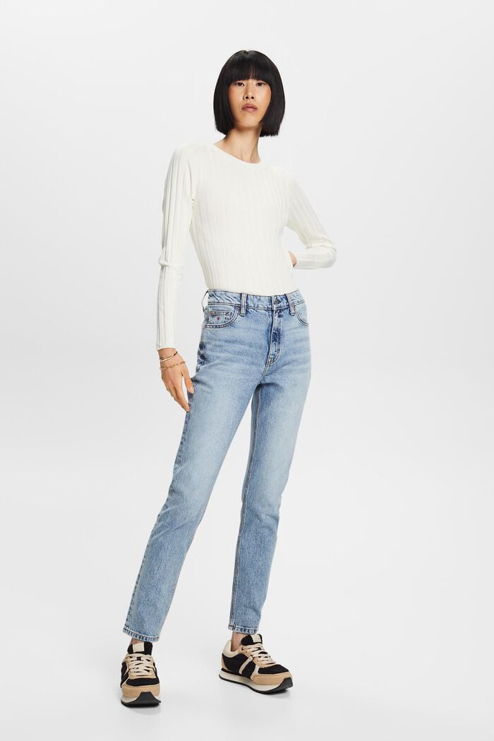Slim fit jeans met retrolook en hoge taille, BLUE BLEACHED, detail image number 5