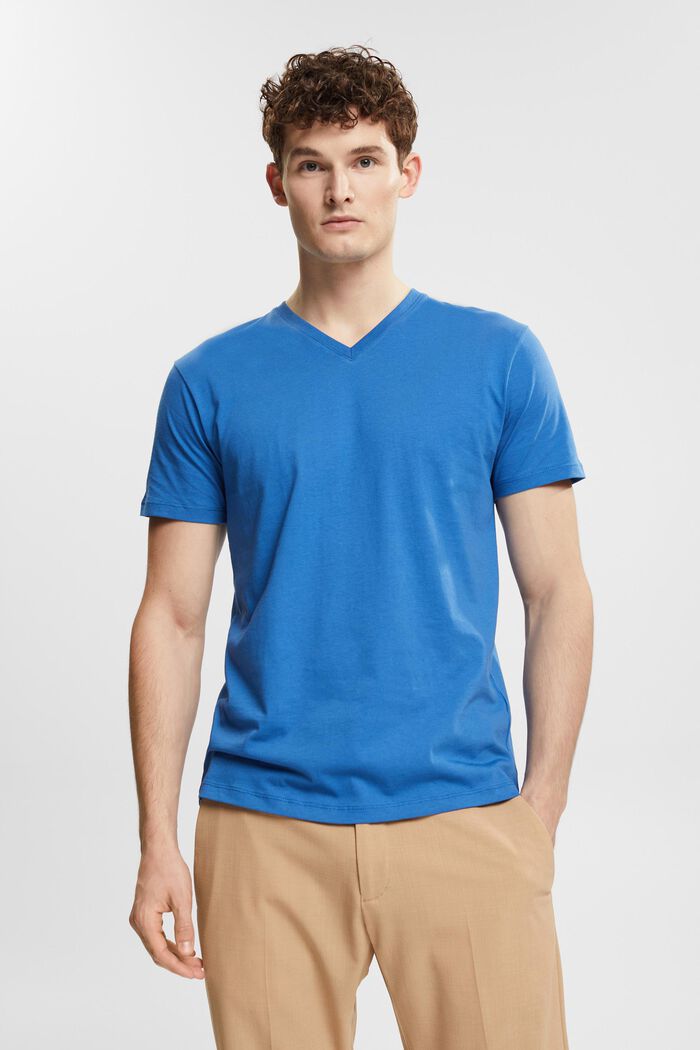 T-shirt met V-hals van duurzaam katoen, BLUE, overview