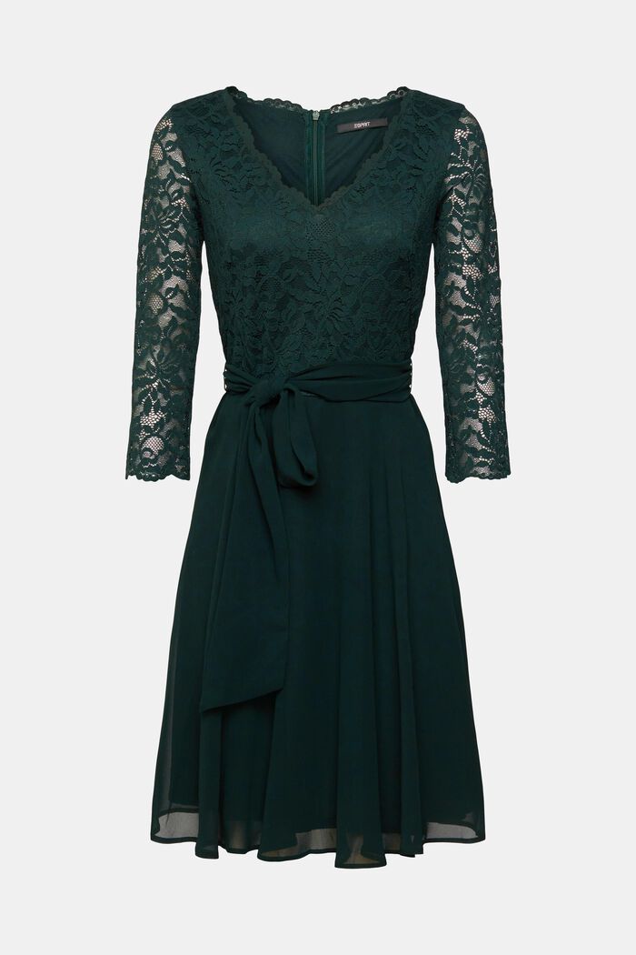 Chiffon jurk met kant en strikceintuur, DARK TEAL GREEN, detail image number 4