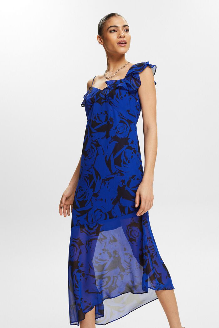 Off-the-shoulder chiffon midi-jurk met print, BRIGHT BLUE, detail image number 7