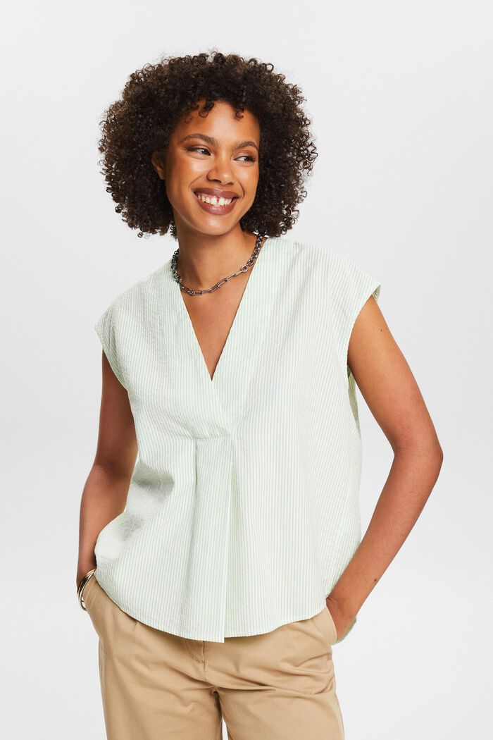Gestreepte katoenen blouse met V-hals, LIGHT GREEN, detail image number 0