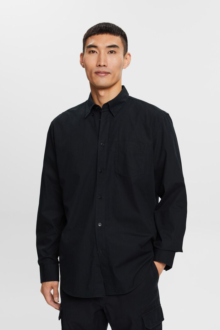 Popeline overhemd met buttondownkraag, 100% katoen, BLACK, detail image number 0