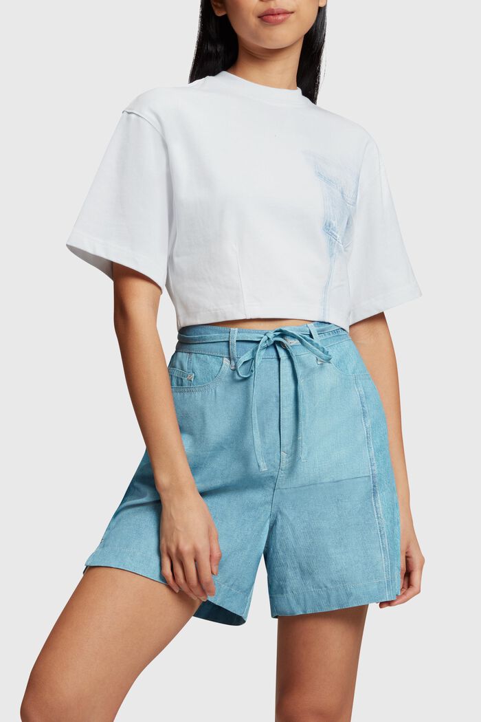 Cropped T-shirt met indigo print, WHITE, overview