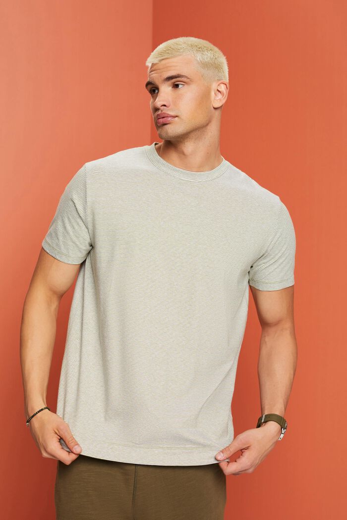 Gestreept jersey T-shirt, mix van katoen en linnen, LEAF GREEN, detail image number 0