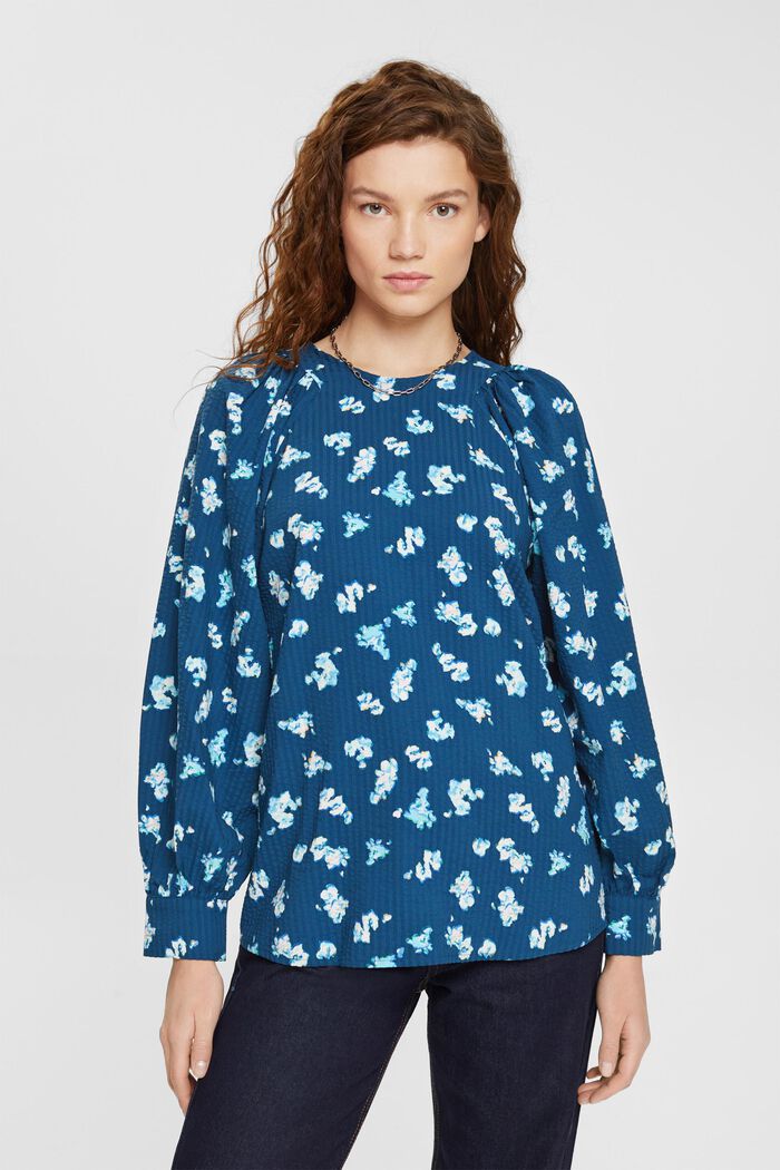 Seersucker blouse met bloemenmotief, PETROL BLUE, detail image number 0
