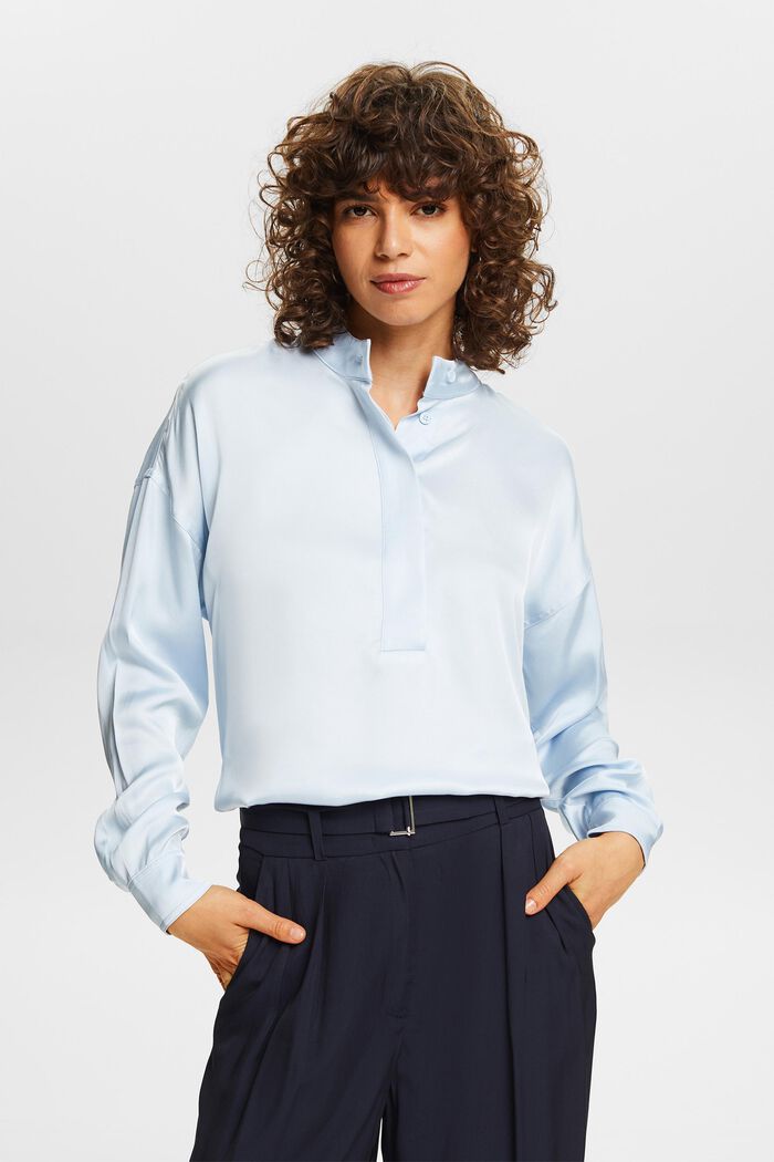 Satijnen blouse met opstaande kraag, LIGHT BLUE, detail image number 0