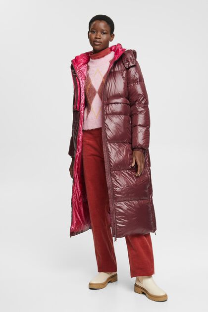 Lange gewatteerde mantel met gerecyclede donzen wattering, BORDEAUX RED, overview