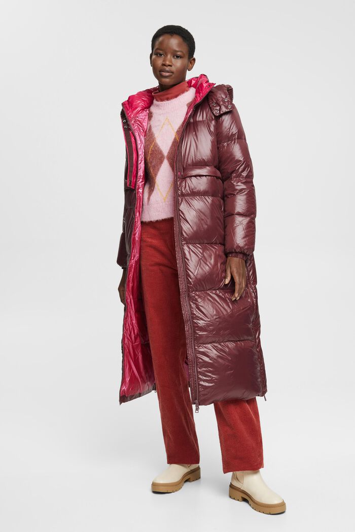 Lange gewatteerde mantel met gerecyclede donzen wattering, BORDEAUX RED, detail image number 5