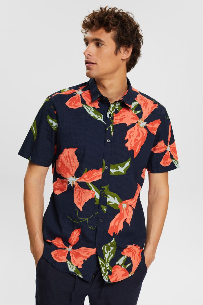 Seersuckeroverhemd met bloemmotief, NAVY, overview