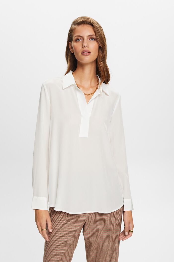 Zijden blouse met V-hals, OFF WHITE, detail image number 0