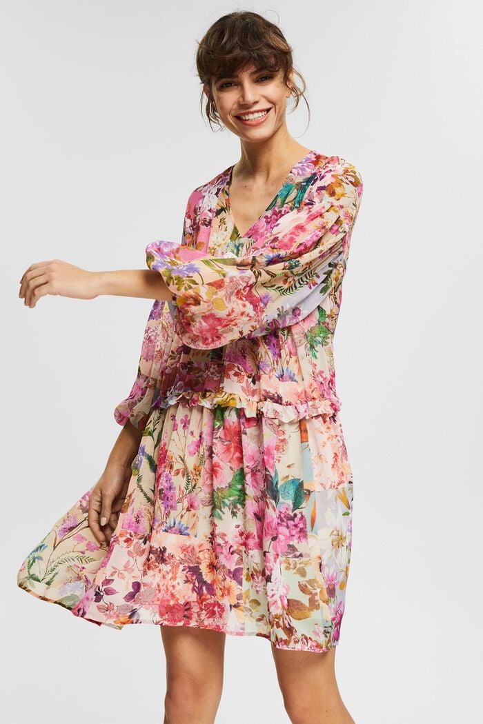 Gerecycled: chiffon jurk met bloemenmotief, PINK FUCHSIA, detail image number 0