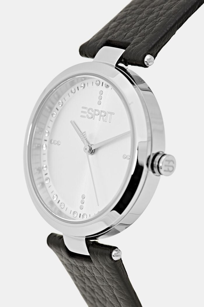 Horloge met leren bandje en zirkonia, BLACK, detail image number 1