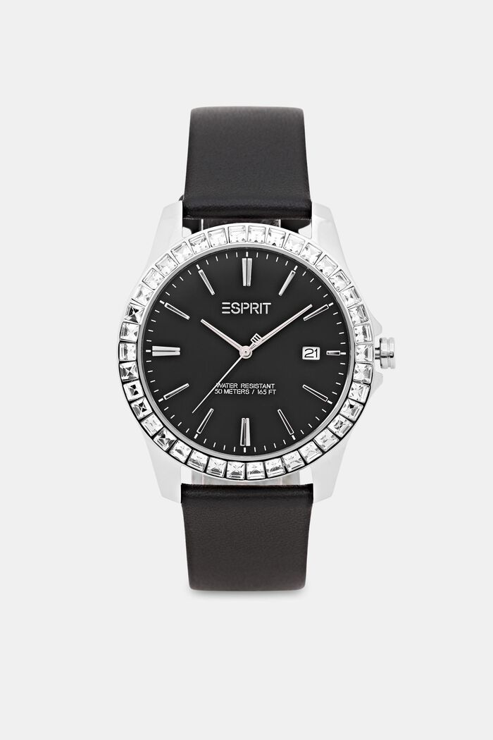 Horloge met zirkoniasteentjes en leren bandje, BLACK, detail image number 0