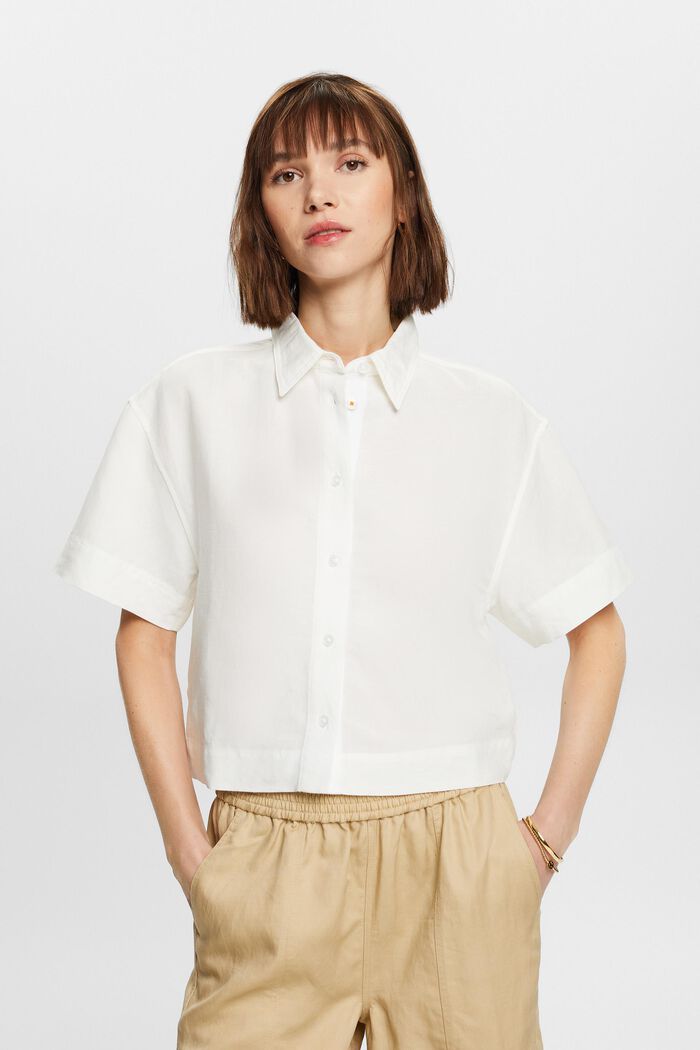 Cropped overhemdblouse, linnenmix, WHITE, detail image number 0