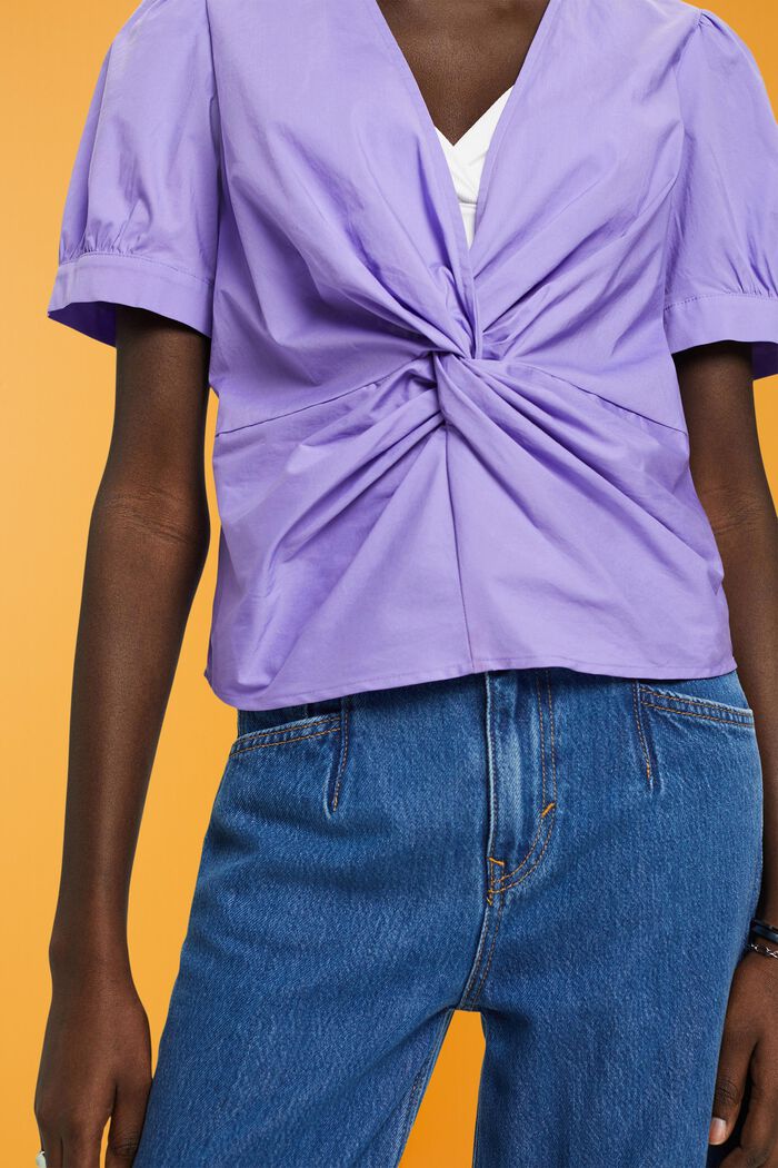 Katoenen blouse met V-hals en gerimpeld detail, PURPLE, detail image number 2