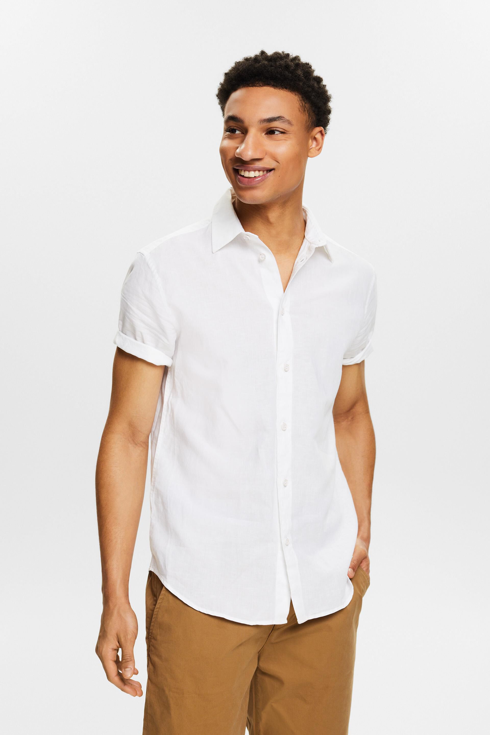 Wit Overhemd met korte mouwen van katoen en linnen