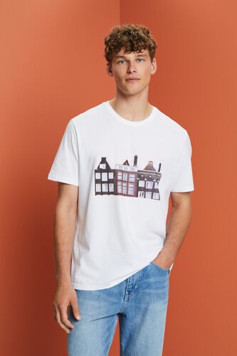 Wit T-shirt met ronde hals en print, 100% katoen